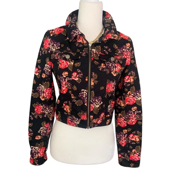 Jean jacket 100% cotton Floral Print Black Small - Picture 1 of 10